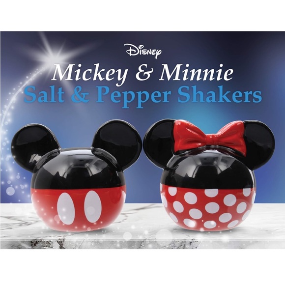 Disney Minnie and Mickey Mouse Salt and Pepper Shakers Ceramic Set Red Black - Picture 9 of 13